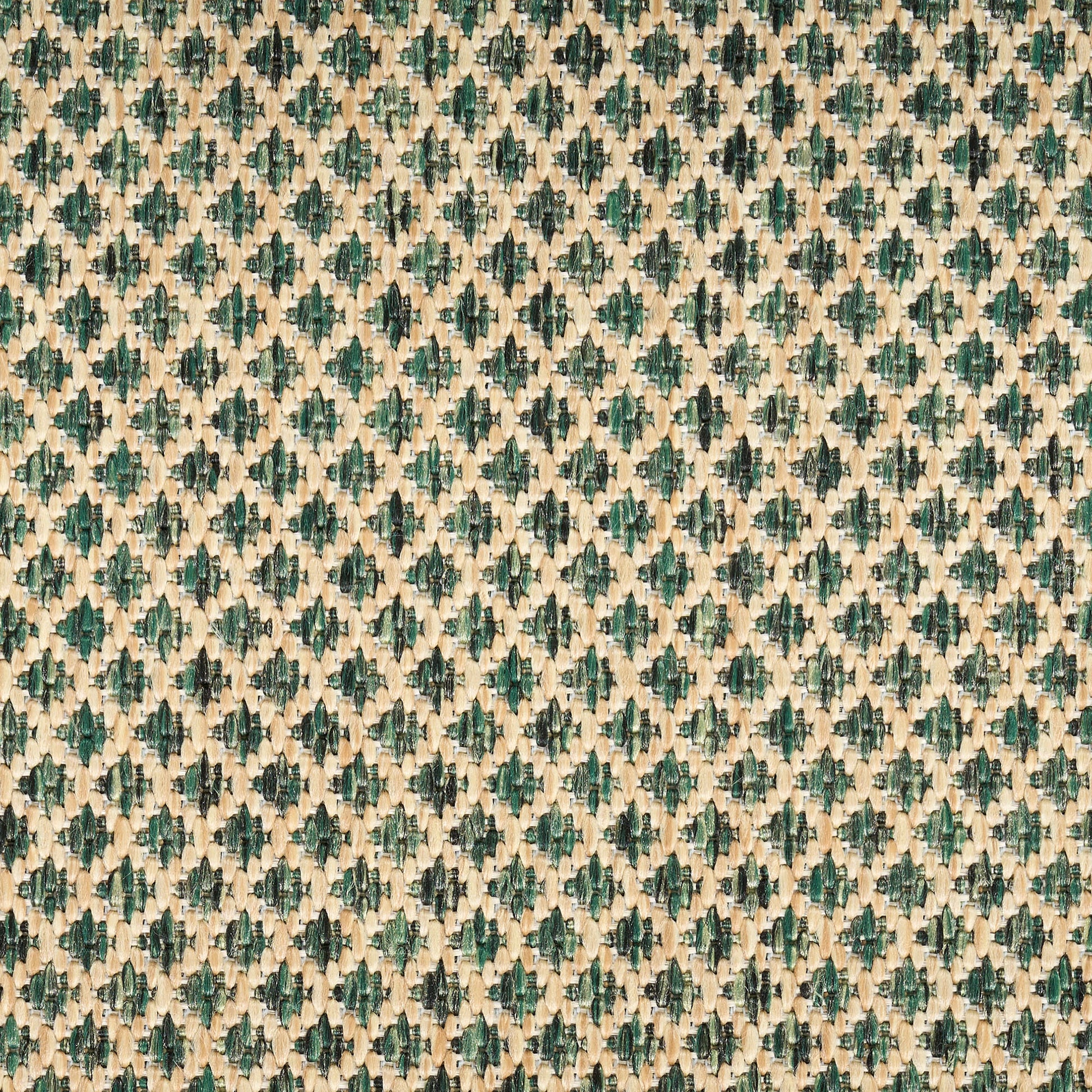 Teal and beige damask jacquard fabric with repeating ornate motifs; woven upholstery or drapery textile.