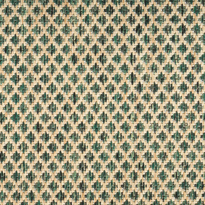 Teal and beige damask jacquard fabric with repeating ornate motifs; woven upholstery or drapery textile.