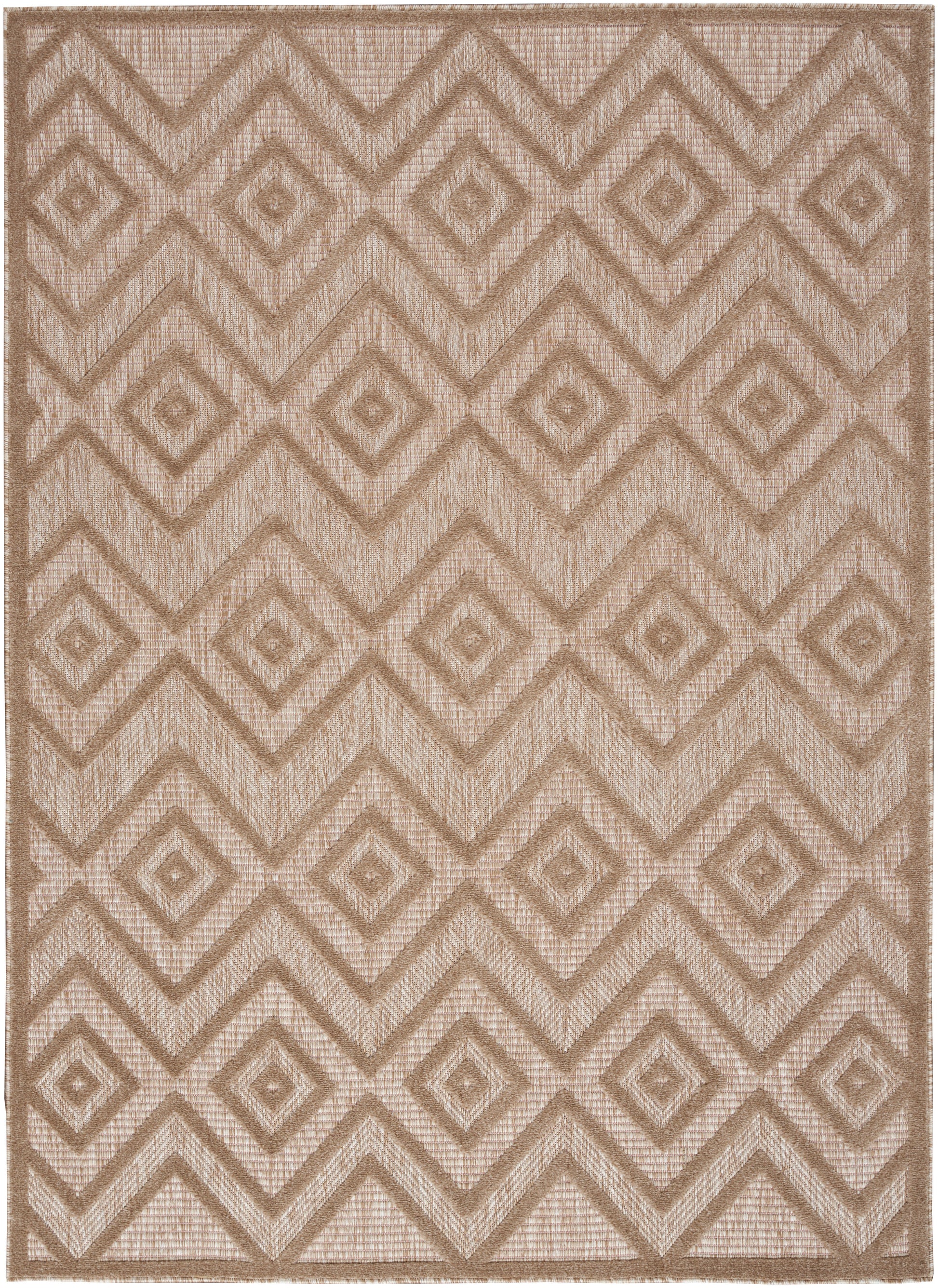 Beige woven rug with repeating chevrons and diamond medallions in taupe-brown tones.
