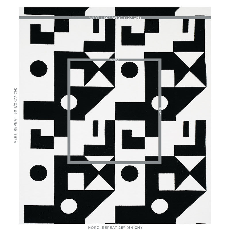 Black and white geometric wallpaper with repeating squares, triangles & circles; bold modern abstract pattern.