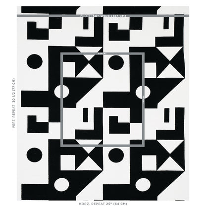 Black and white geometric wallpaper with repeating squares, triangles & circles; bold modern abstract pattern.