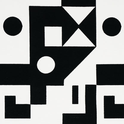 Abstract black geometric print on white background; circles, squares & angular shapes in a Bauhaus style.