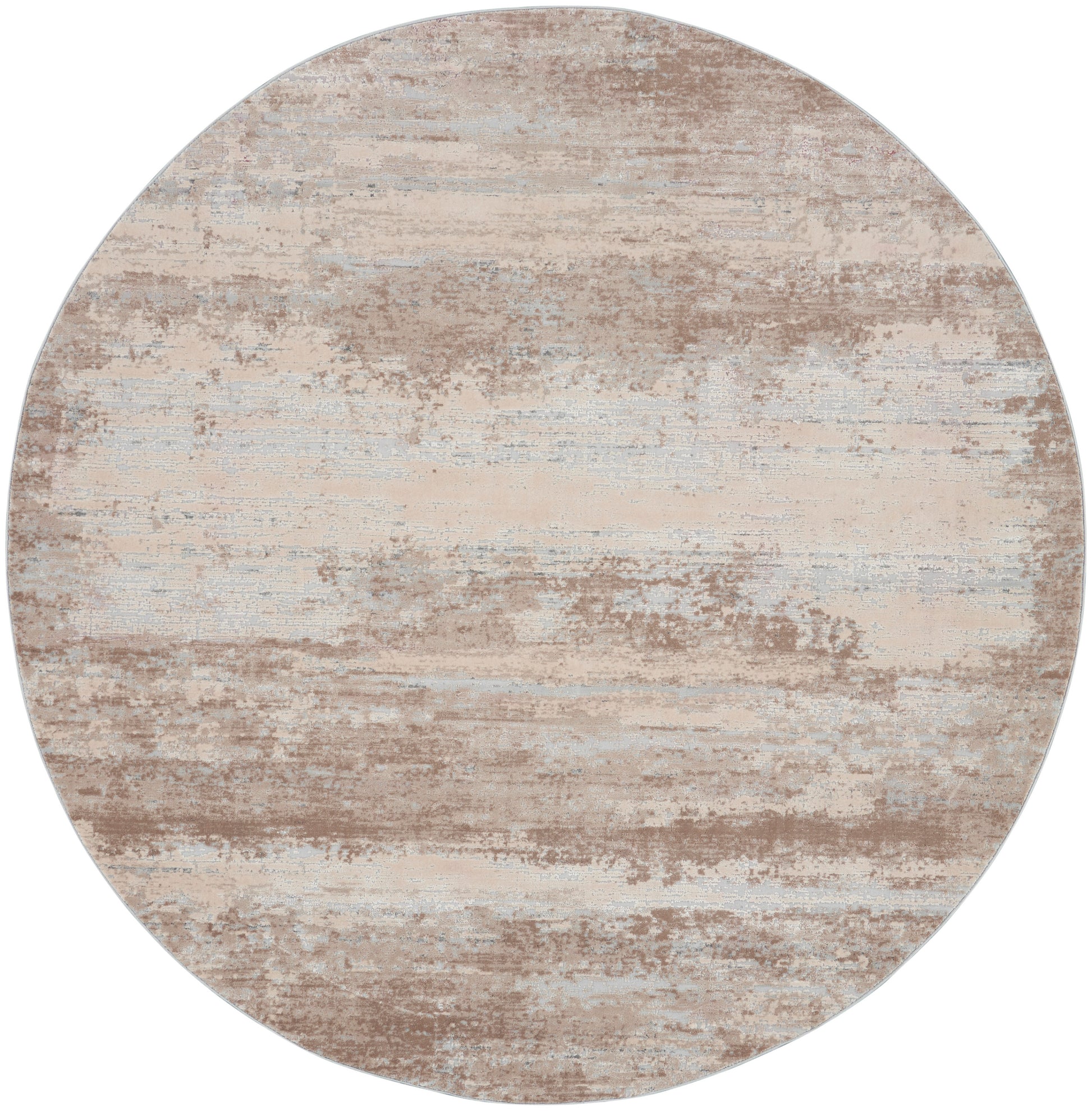 Round beige distressed area rug with taupe, cream & gray patches in an abstract pattern.