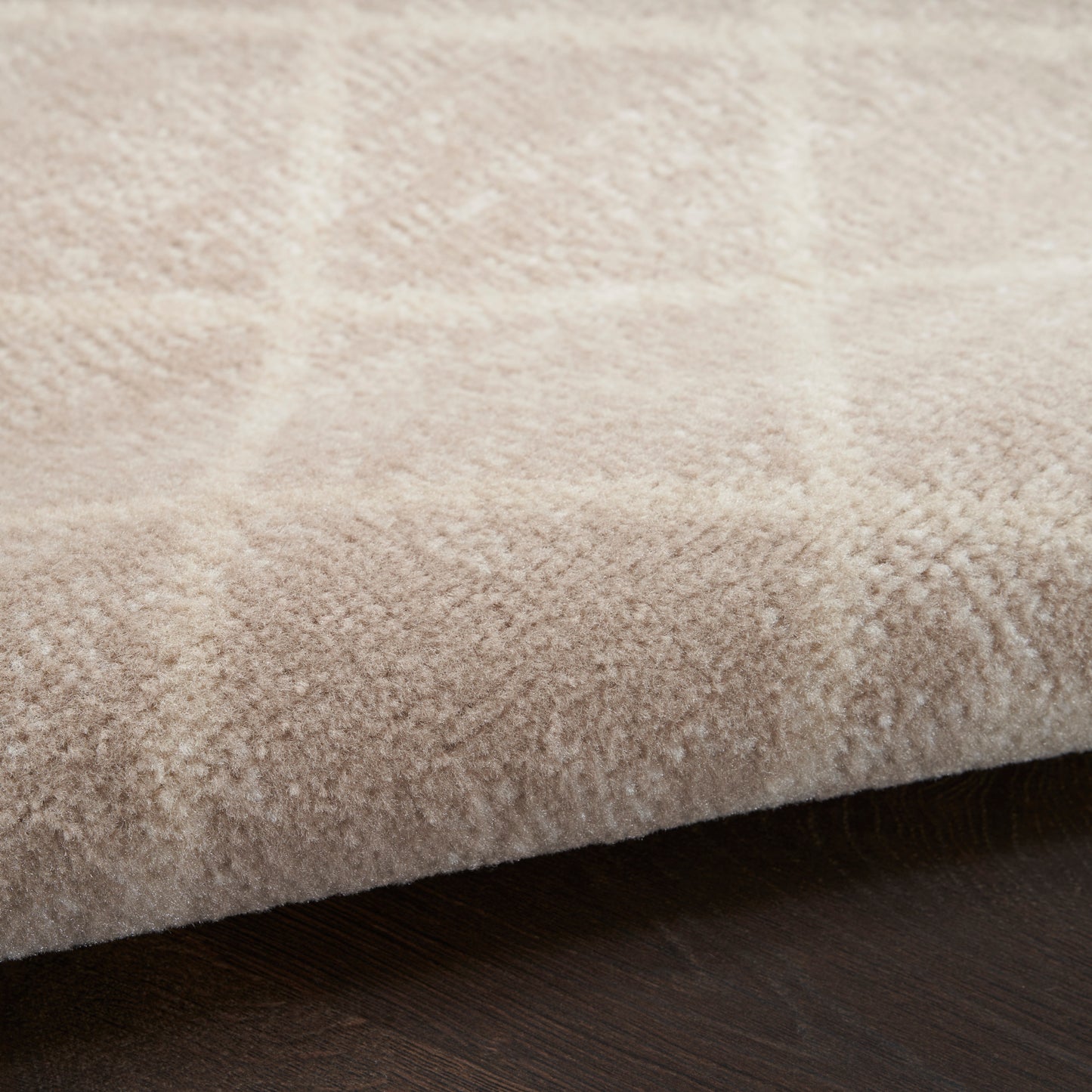 Beige textured area rug with subtle grid pattern and plush pile on dark wooden floor