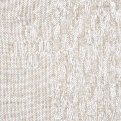 Cream two-tone woven fabric swatch with smooth left half and raised geometric pattern on the right.