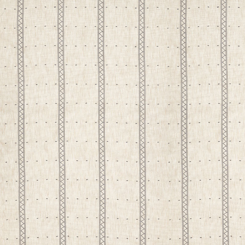 Beige linen-like fabric with narrow vertical brown geometric stripes and tiny dots; suitable for upholstery or drapery.