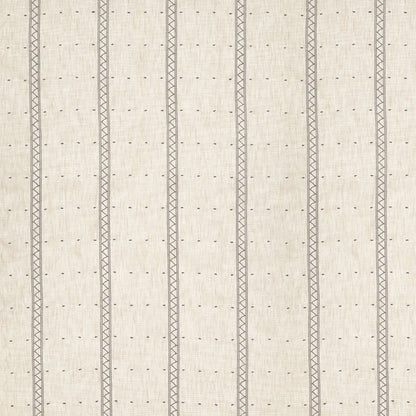Beige linen-like fabric with narrow vertical brown geometric stripes and tiny dots; suitable for upholstery or drapery.