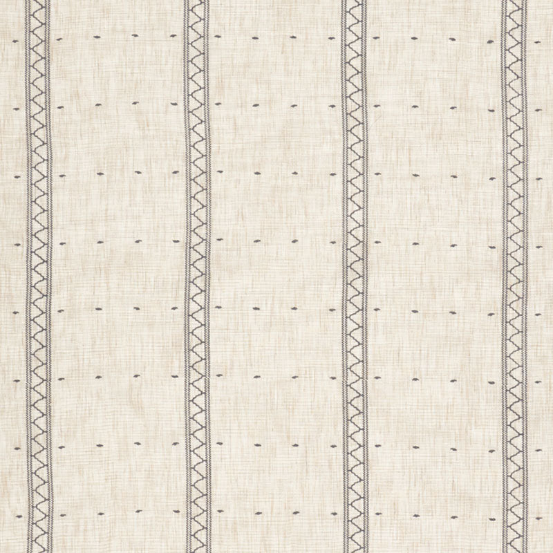 Beige woven fabric with cream vertical stripes of triangular lattice embroidery and tiny dots; classic upholstery textile.