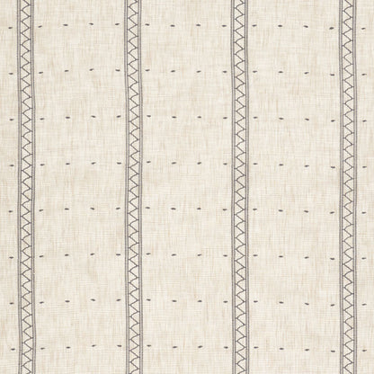 Beige woven fabric with cream vertical stripes of triangular lattice embroidery and tiny dots; classic upholstery textile.