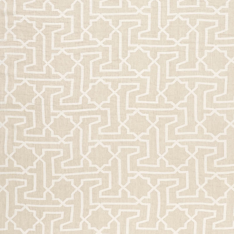 Beige sheer curtains with a white interlocking Arabesque maze pattern.