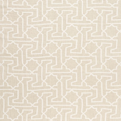 Beige sheer curtains with a white interlocking Arabesque maze pattern.
