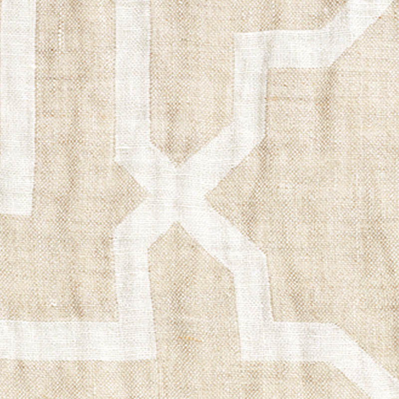 Natural beige sheer curtains with a bold white Arabesque maze geometric pattern; lightweight, semi-sheer window panels.