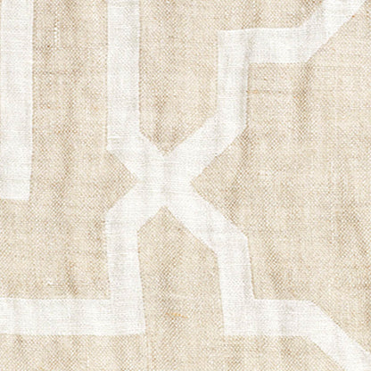 Natural beige sheer curtains with a bold white Arabesque maze geometric pattern; lightweight, semi-sheer window panels.