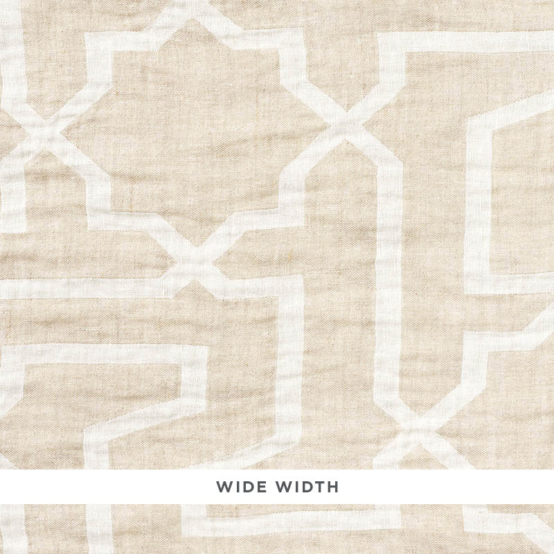 Beige linen-textured fabric with white geometric trellis pattern; wide width.