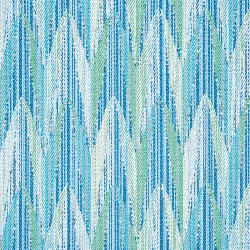 Verdant indoor/outdoor leaf pattern fabric; high-performance, textured woven in aqua and blue-green tones.