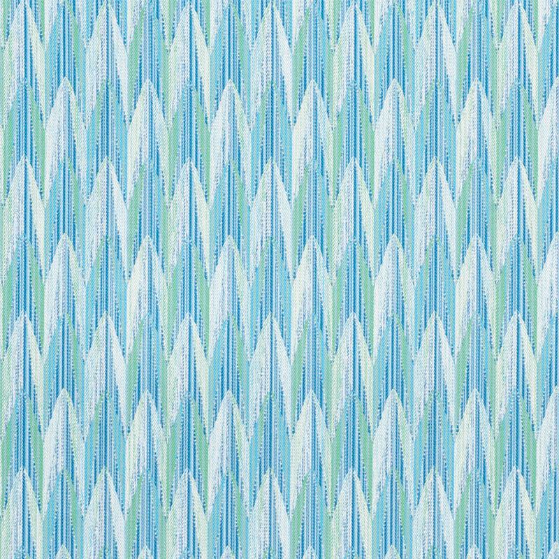 Blue and teal chevron ikat fabric pattern with layered zigzags and subtle vertical lines.