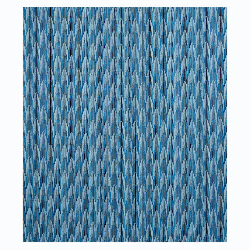 Blue woven fabric with a repeating diagonal chevron pattern; textured upholstery material.