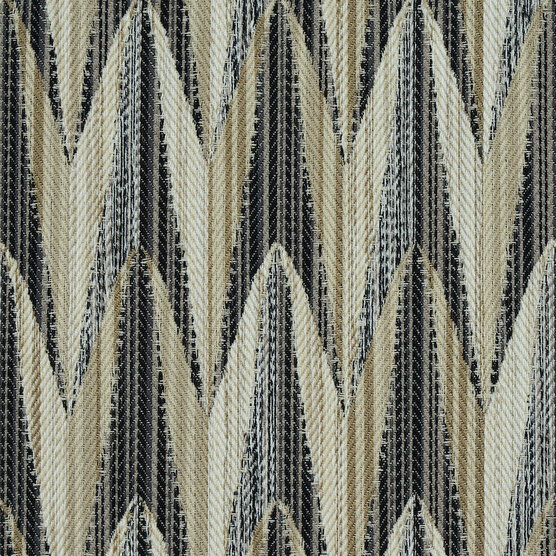 Textured woven fabric in beige, cream and black chevron zigzag pattern; geometric indoor/outdoor pattern woven textile.