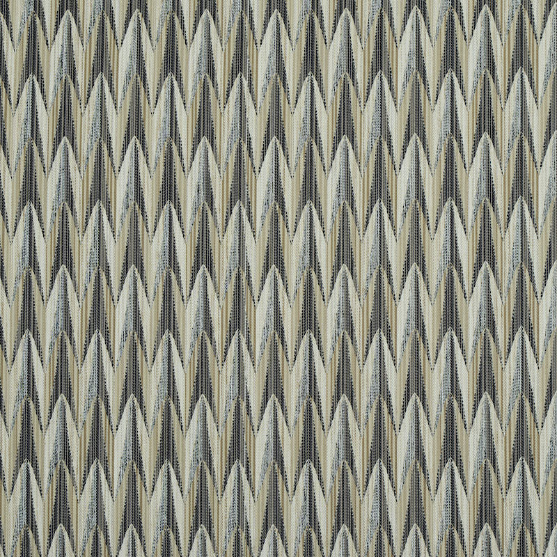 Gray chevron zigzag jacquard fabric with a textured woven pattern, ideal for upholstery or drapery.