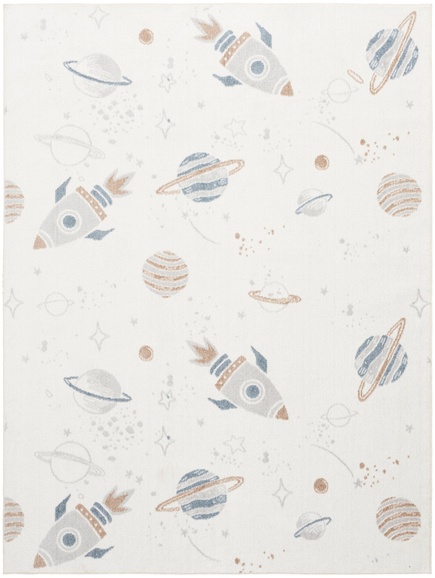 Pastel space-pattern rug with rockets, planets and stars; playful kids' room decor, 4' x 6'.