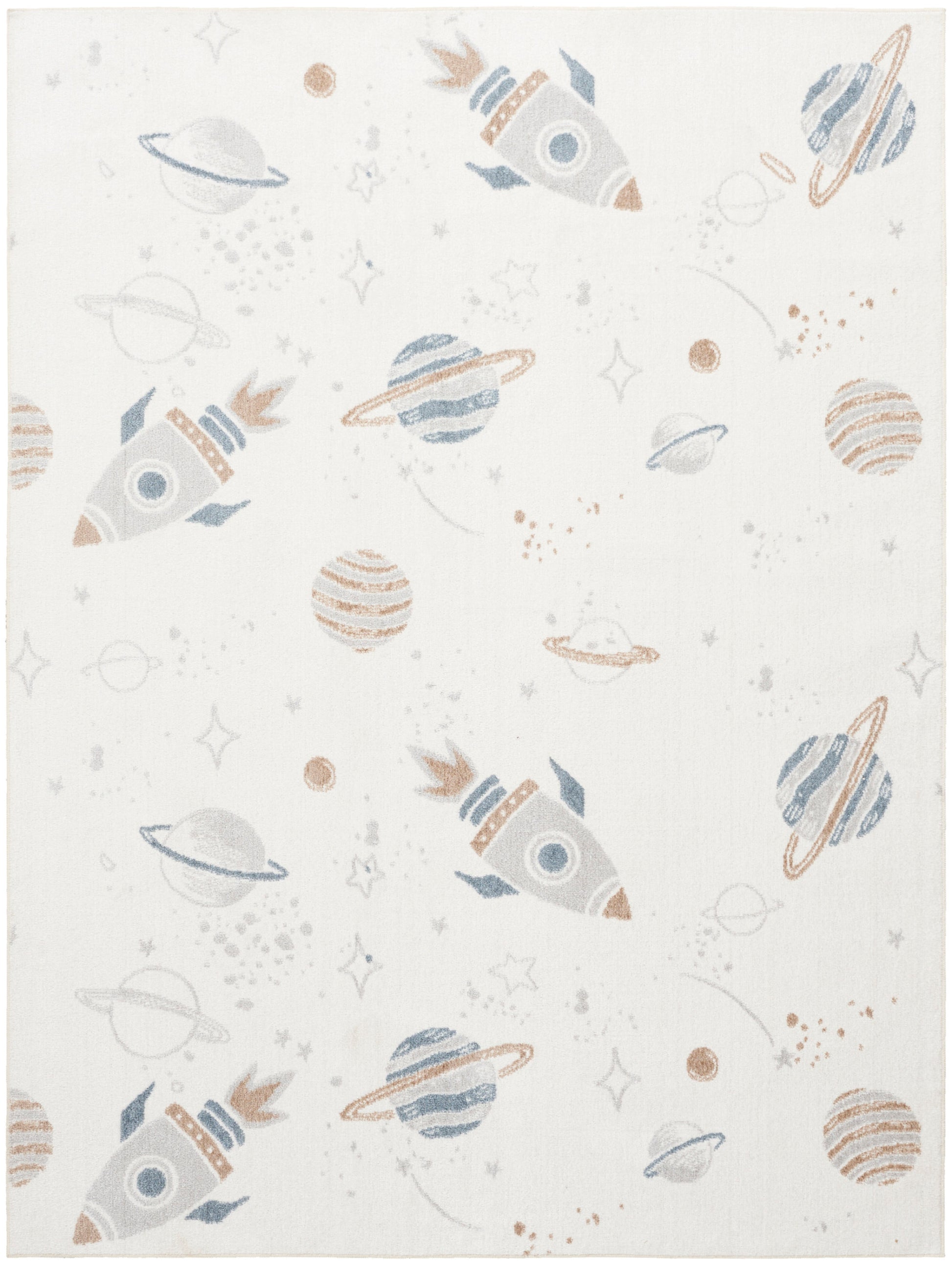 Pastel space-pattern rug with rockets, planets and stars; playful kids' room decor, 4' x 6'.