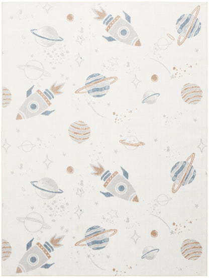 Pastel space-pattern rug with rockets, planets and stars; playful kids' room decor, 4' x 6'.