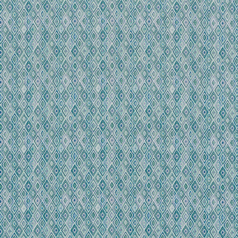 Turquoise & white diamond strie pattern on indoor/outdoor woven fabric; repeating geometric motif suitable for upholstery or curtains.