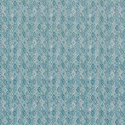 Turquoise & white diamond strie pattern on indoor/outdoor woven fabric; repeating geometric motif suitable for upholstery or curtains.