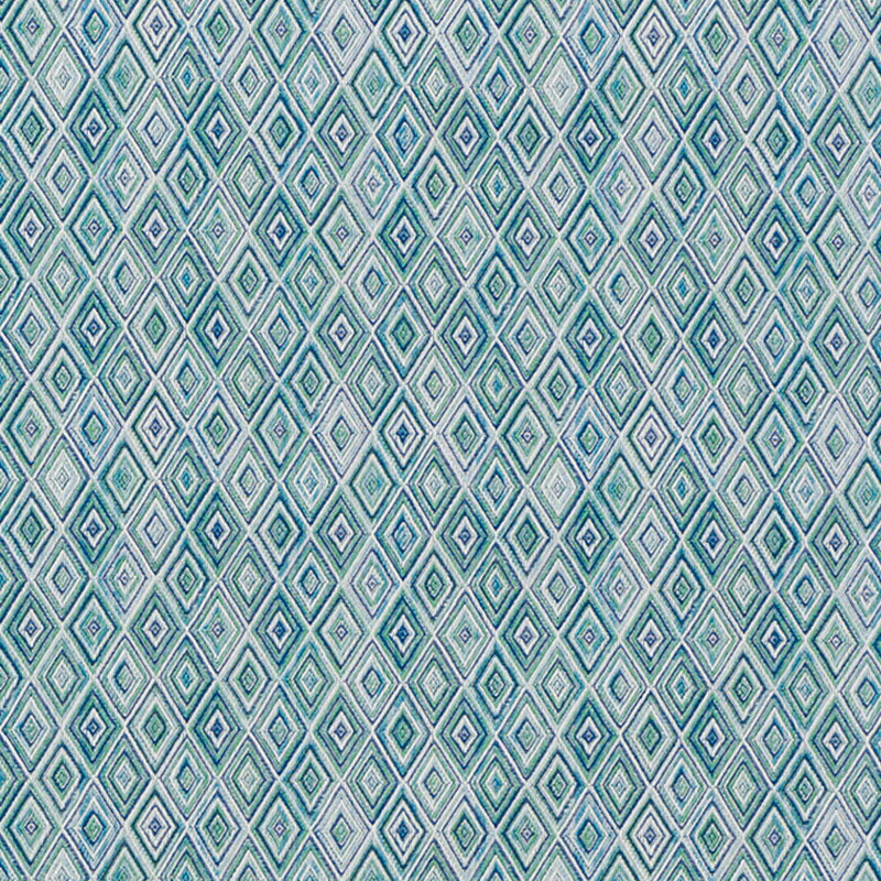 Teal, blue, and white diamond geometric print fabric; woven textile suitable for upholstery, drapery, or accessories.