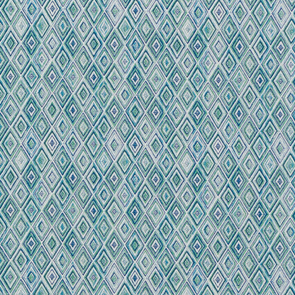 Teal, blue, and white diamond geometric print fabric; woven textile suitable for upholstery, drapery, or accessories.