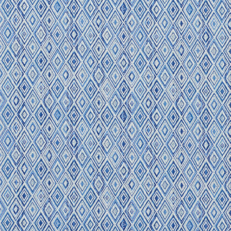 Blue and white diamond lattice fabric with repeating geometric pattern; versatile for upholstery or apparel.