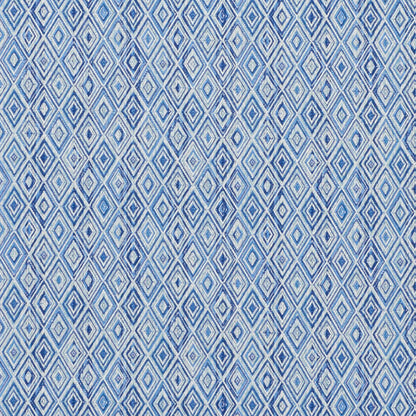 Blue and white diamond lattice fabric with repeating geometric pattern; versatile for upholstery or apparel.