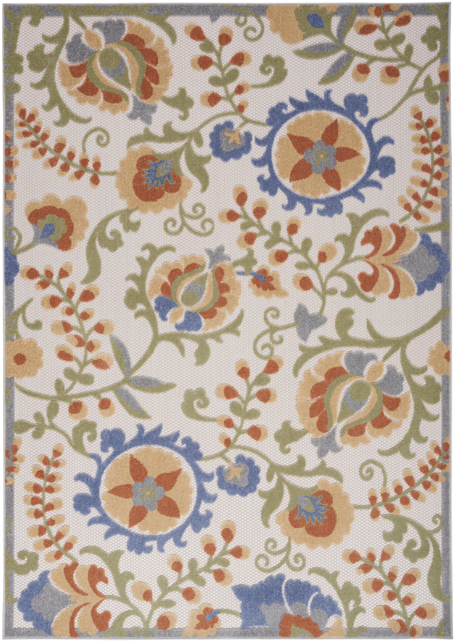 Traditional floral damask outdoor rug in beige with blue, orange and green medallions and vine motifs; woven texture.