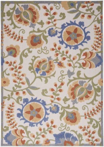 Traditional floral damask outdoor rug in beige with blue, orange and green medallions and vine motifs; woven texture.