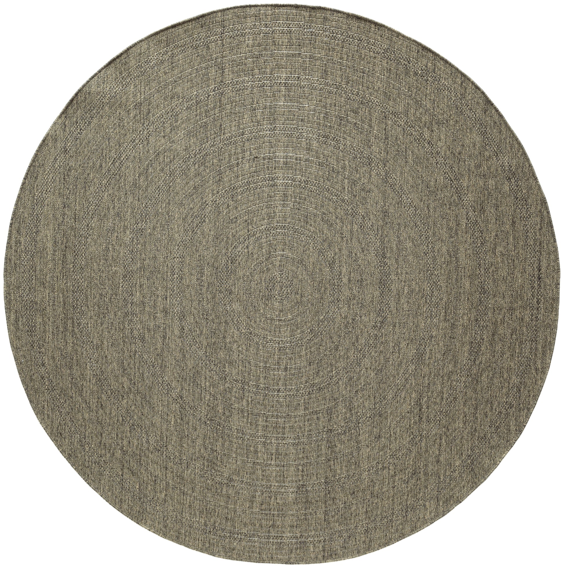 Round natural jute rug with woven concentric rings in beige taupe.