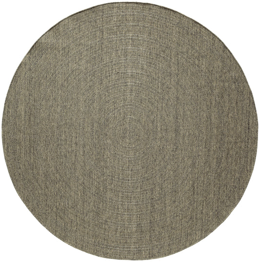 Round natural jute rug with woven concentric rings in beige taupe.