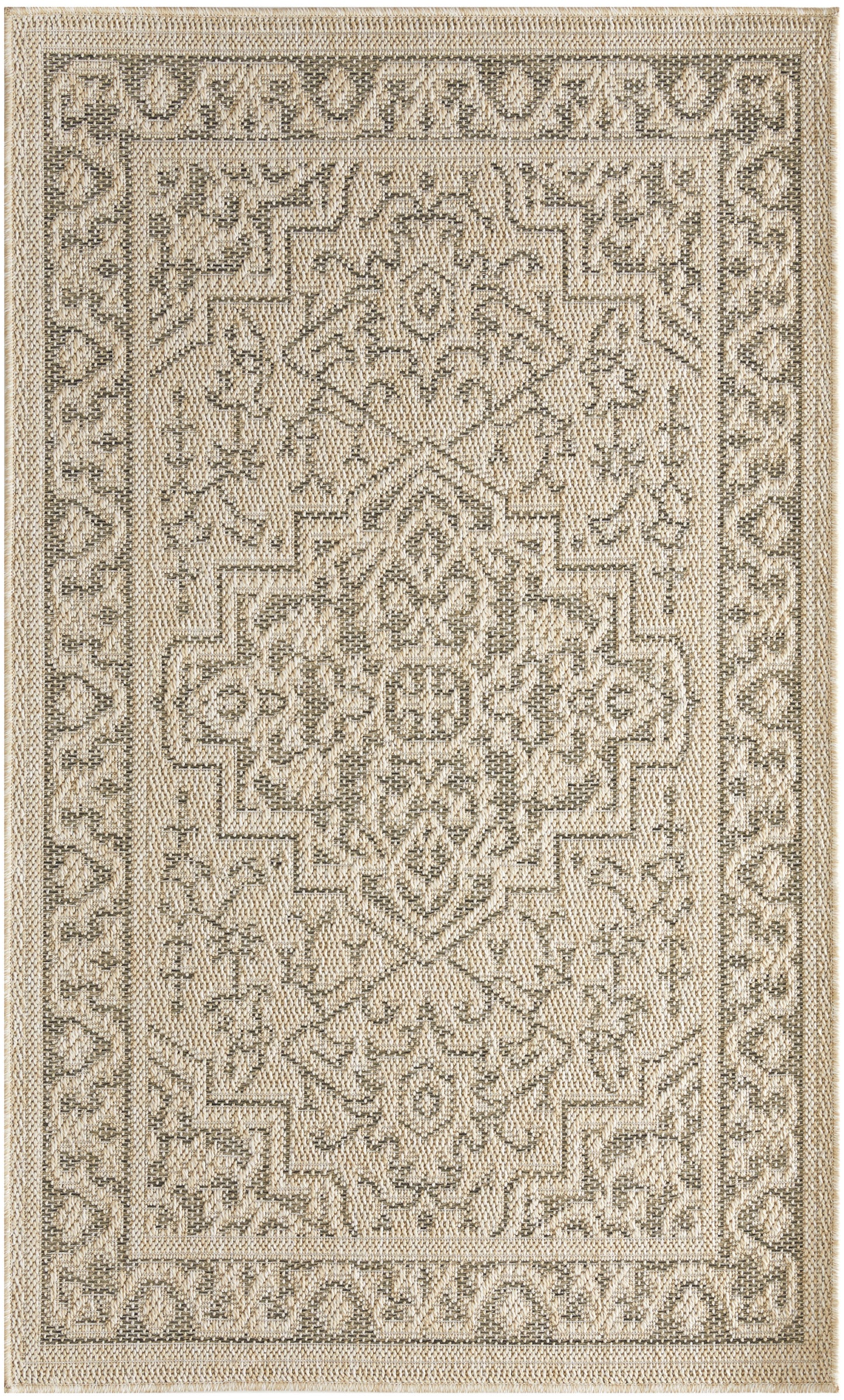 Beige and gray flatweave rug with an intricate central medallion and floral border in neutral tones.