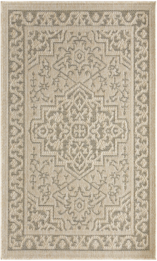Beige and gray flatweave rug with an intricate central medallion and floral border in neutral tones.
