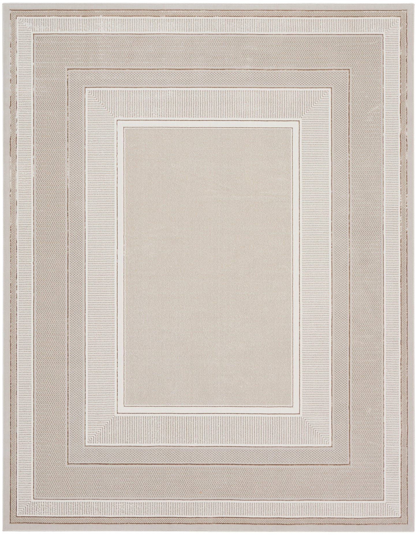 Neutral-toned rectangular area rug with concentric framed borders in beige, cream, taupe; modern geometric style.