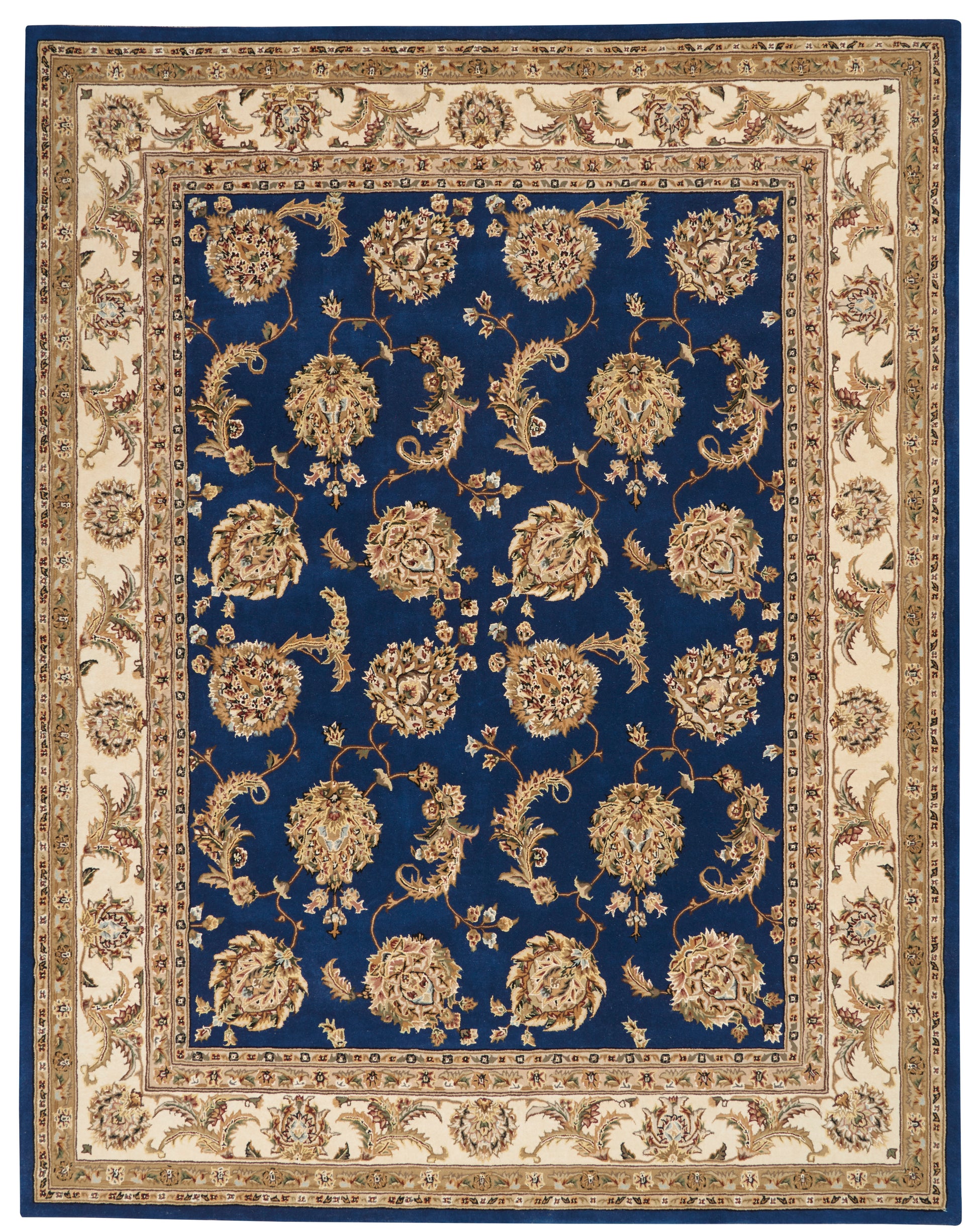 Royal blue oriental area rug with gold floral motifs on a deep blue field and cream borders.