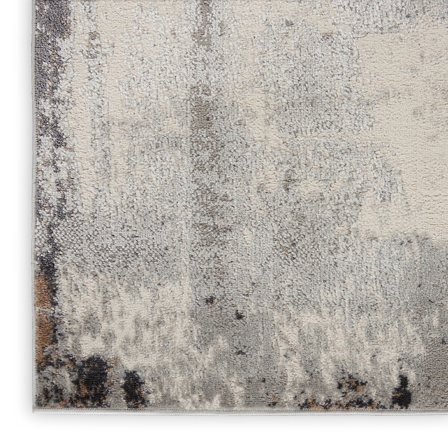 Abstract gray-beige area rug with distressed pattern, soft pile, rectangular; modern minimalist style.