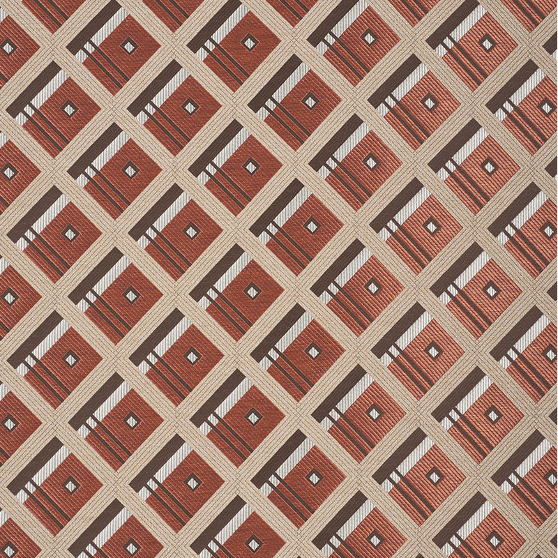 Retro geometric fabric pattern with tan, beige, brown and rust diamonds in a lattice grid; woven texture.