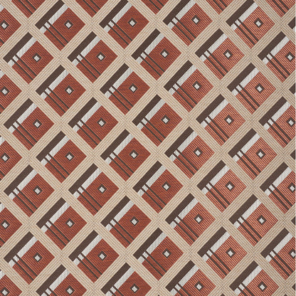 Retro geometric fabric pattern with tan, beige, brown and rust diamonds in a lattice grid; woven texture.