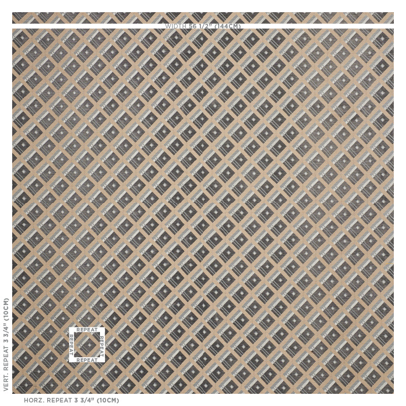 Beige and taupe diamond lattice wallpaper with gray and blue accents; repeating geometric tile pattern.