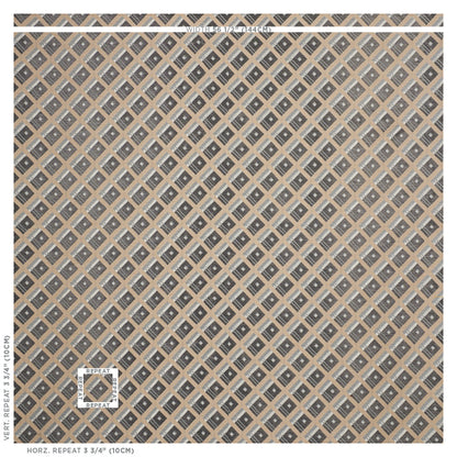 Beige and taupe diamond lattice wallpaper with gray and blue accents; repeating geometric tile pattern.