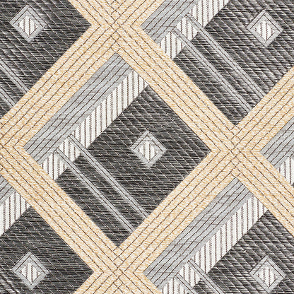 Woven geometric rug featuring beige, gray and charcoal diamonds in a lattice/chevron pattern.