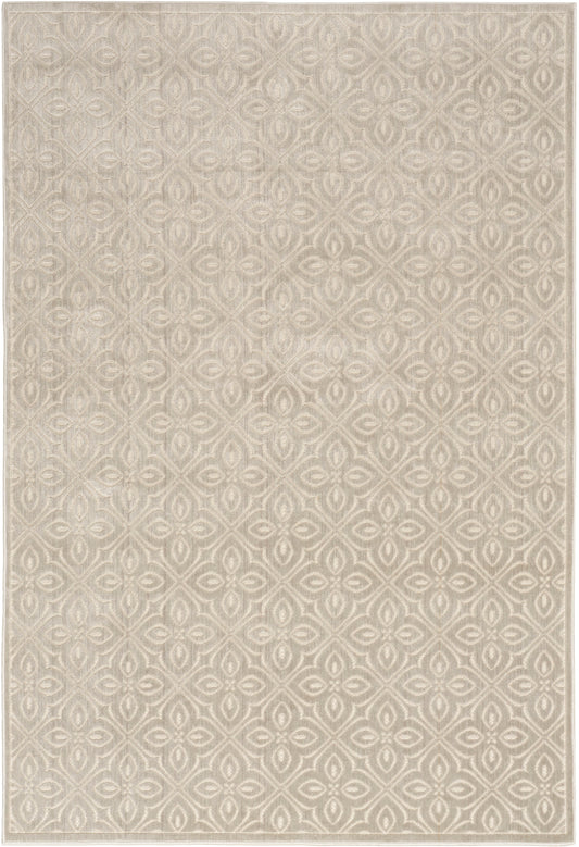 Beige rectangular area rug with subtle cream geometric damask pattern and woven texture.
