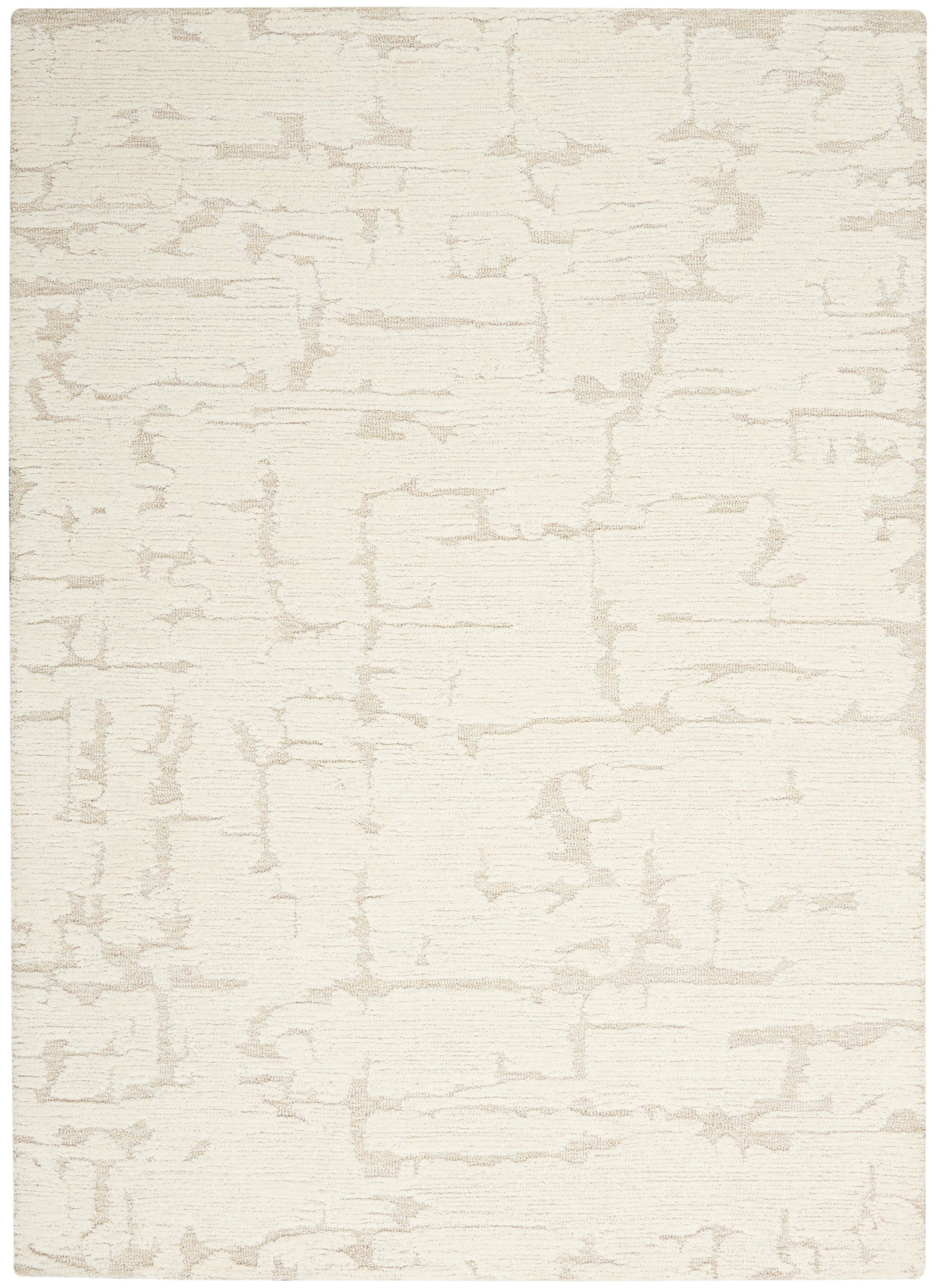 Cream rectangular rug with subtle taupe abstract crackle pattern; soft textured, modern minimalist style.