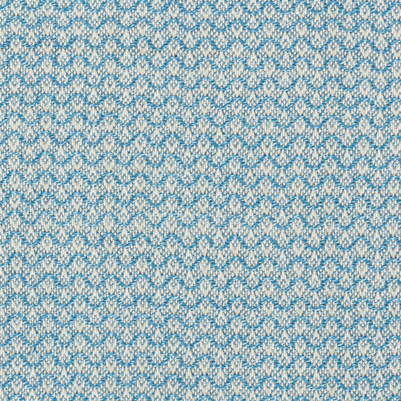 Blue and white chevron knit fabric swatch with soft textured yarn, ideal for sweaters or scarves.