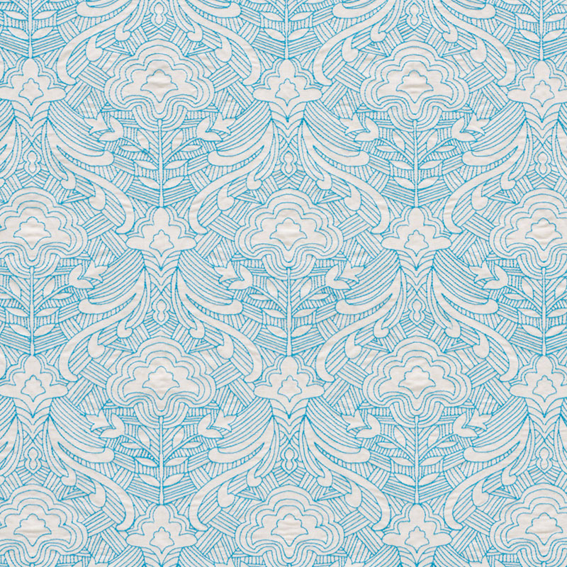 Blue and white damask-style floral wallpaper pattern, seamless repeating decorative motif.
